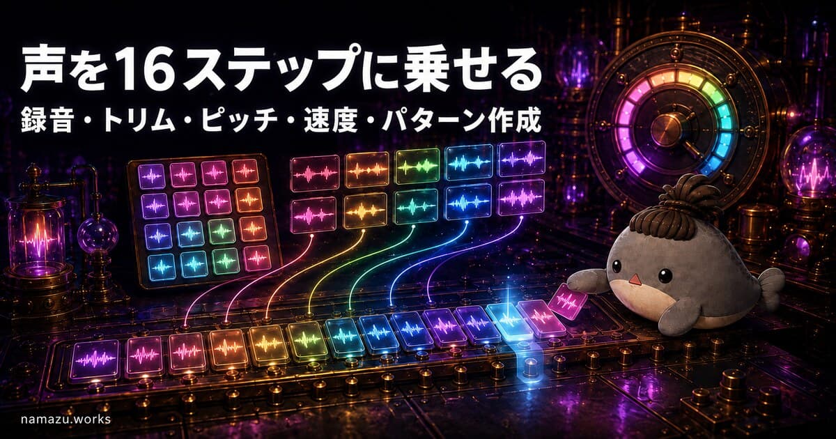 声を16ステップに乗せる - 録音・トリム・ピッチ・速度・パターン作成