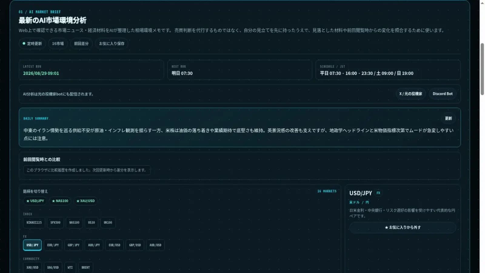 なまずトレーディングラボのAI市場環境分析に表示される更新時刻、前回差分、銘柄切替